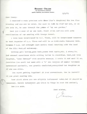 6 Original Typed Letters Sydney Omarr to Henry Miller, 1965 - 1977