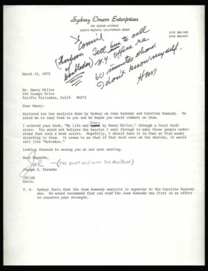 6 Original Typed Letters Sydney Omarr to Henry Miller, 1965 - 1977