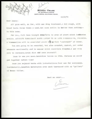 6 Original Typed Letters Sydney Omarr to Henry Miller, 1965 - 1977