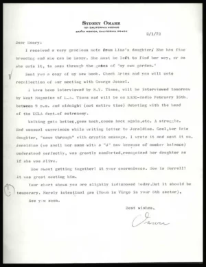 6 Original Typed Letters Sydney Omarr to Henry Miller, 1965 - 1977