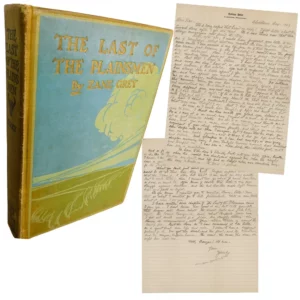 Last of the Plainsmen by Zane Grey 1907 - Rare Manuscript Letter & First Edition